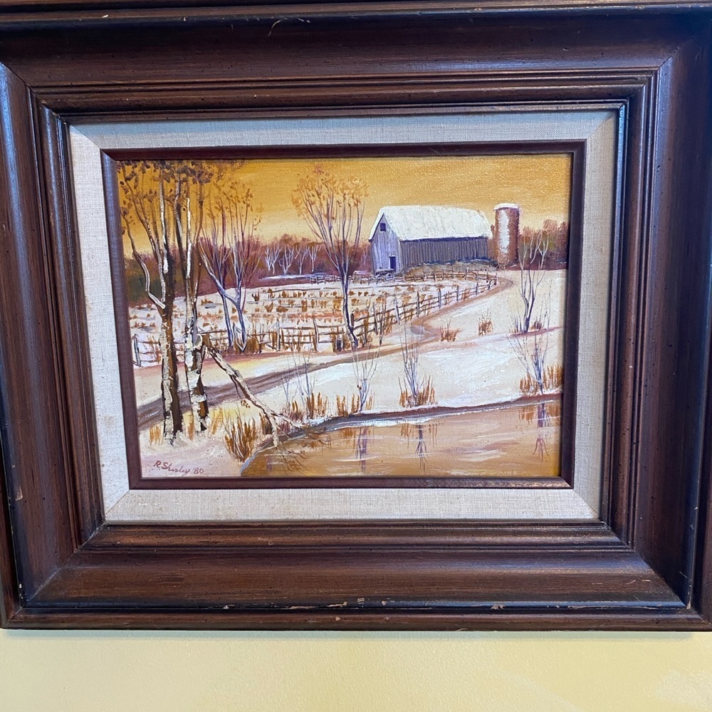 Vintage Framed Barn Landscape Painting Signed Original Farmhouse Wall Art Winter